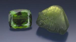 Peridot Crystal and Cut Gem
