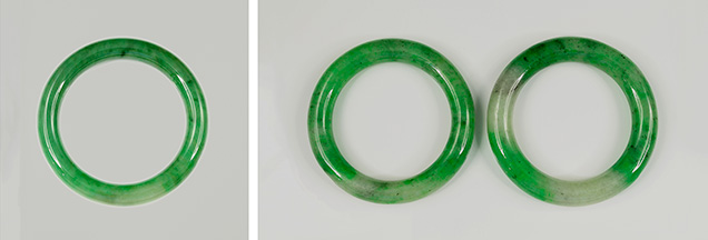 Jadeite jade and hydrogrossular garnet bangles.