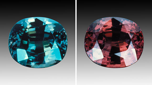 Alexandrite. While Russia is the most famous alexandrite source, this stone from Brazil shows beautiful color change from daylight (left) to incandescent light (right). - © GIA & Tino Hammid, courtesy Mayer & Watt