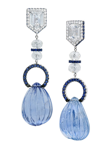 Sapphire Teardrop Briolette and Diamond Earrings Briolette teardrop shape sapphires, 30.37 carats; 2 bullet shape diamonds of 1.43 carats surrounded by a border of 80 round diamonds with 4 diamond beads encircled by 152 blue sapphires. © Martin Katz, Ltd. Sapphire Teardrop Briolette and Diamond Earrings Briolette teardrop shape sapphires, 30.37 carats; 2 bullet shape diamonds of 1.43 carats surrounded by a border of 80 round diamonds with 4 diamond beads encircled by 152 blue sapphires. © Martin Katz, Ltd.