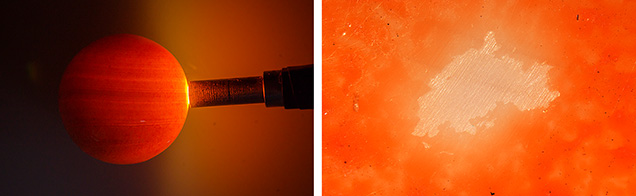 Figure 4. Left: A “banding test,” performed using strong transmitted lighting to reveal banding, indicated the item was fashioned from shell. Photo by Nuttapol Kitdee. Right: The underlying white surface was exposed in one polished area. Photomicrograph by Ravenya Atchalak; field of view 3.60 mm.