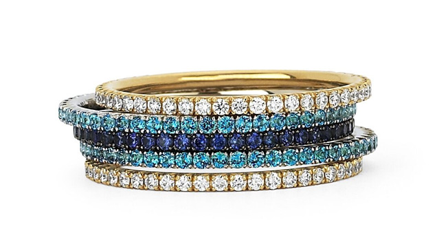 Topaz, White Diamond, and Sapphire Stackable Rings 2 blue topaz microbands in 18K white gold, 1 blue sapphire microband in 18K antiqued white gold, and 2 white diamond microbands set in 18K yellow gold. © Martin Katz, Ltd. Topaz, White Diamond, and Sapphire Stackable Rings 2 blue topaz microbands in 18K white gold, 1 blue sapphire microband in 18K antiqued white gold, and 2 white diamond microbands set in 18K yellow gold. © Martin Katz, Ltd.