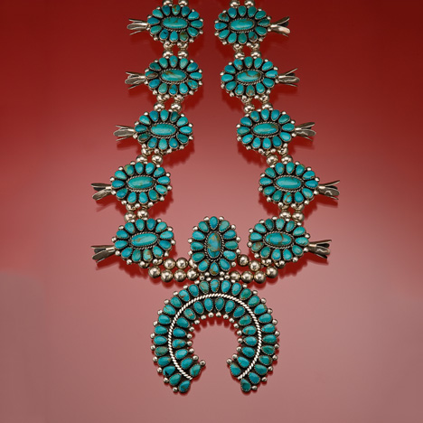 Silver and Turquoise Squash Blossom Necklace