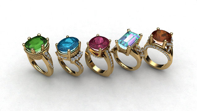 Computer renderings of gold rings designed by Tyler Abe in the JDT class using tourmalines from the GIA Museum.