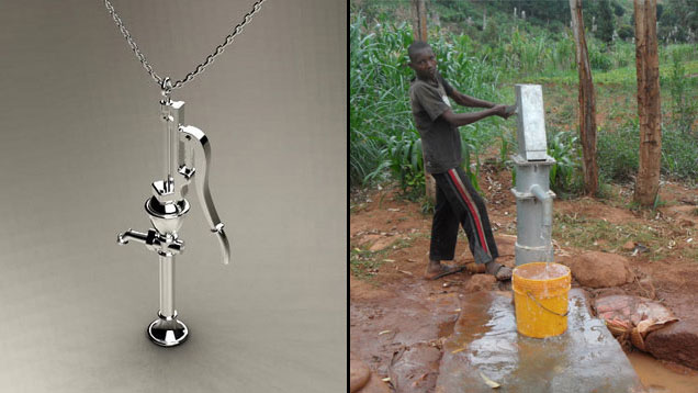 Jewelers for Water(ジュエラーズ・フォー・ウォーター)の純銀ネックレス(左)は、Thomas Kurilla(トーマス・クリラ)がデザインし、Hoover & Strong(フーバー&ストロング)が製造したものである。給水ポンプ(右)に発想を得ている。 このネックレスは東海岸の地元ジュエリー実店舗で販売され、その販売収益はJewelers for Waterの浄水プロジェクトを支援している。 写真:Thomas Kurilla、協力:Jewelers for Water Jewelers for Water(ジュエラーズ・フォー・ウォーター)の純銀ネックレス(左)は、Thomas Kurilla(トーマス・クリラ)がデザインし、Hoover & Strong(フーバー&ストロング)が製造したものである。給水ポンプ(右)に発想を得ている。 このネックレスは東海岸の地元ジュエリー実店舗で販売され、その販売収益はJewelers for Waterの浄水プロジェクトを支援している。 写真:Thomas Kurilla、協力:Jewelers for Water