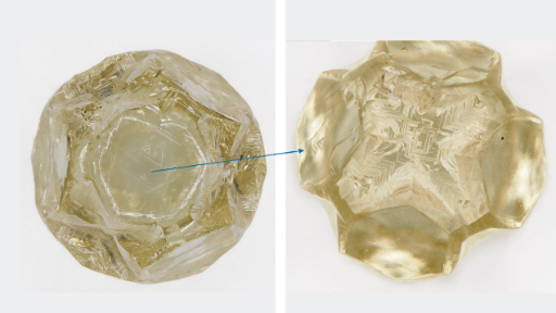 This 3.49 ct yellow diamond with a diameter of ~7 mm exhibits a unique shape due to a combination of growth and dissolution features. Right: Tetragonal etch pits suggesting dissolution on cubic faces of initial habit. Photos by Cristiano Ferraris.